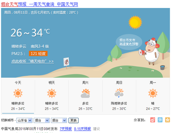 山东烟台8月份天气热吗？烟台8月天气情况