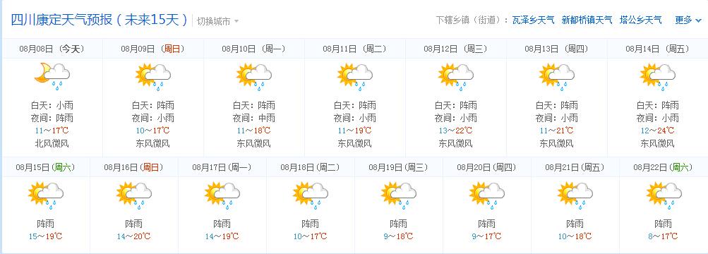 康定现在的气温是多少？康定近期的天气情况